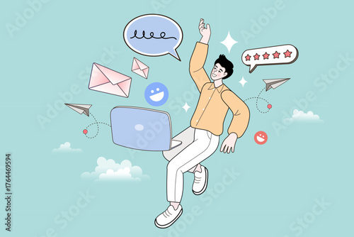 A happy freelancer or remote worker celebrates success while using his laptop. He is surrounded by email, chat, 5-star rating icons, representing positive feedback and efficient digital communication.