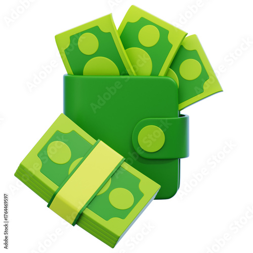 A green wallet overflowing with cash banknotes and a stack of money. 3D rendering illustrating wealth, savings, and financial prosperity. Isolated icon