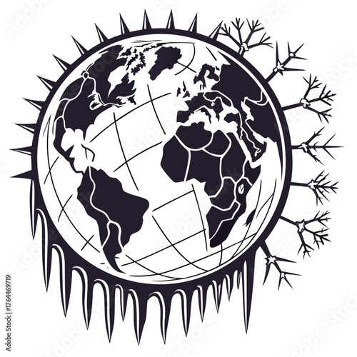Stylized globe with sharp spikes and barren branches symbolizing environmental crisis and global warming threat