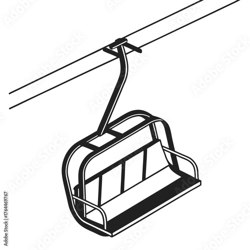 A simple black and white line art illustration of a ski lift chair suspended from a cable against a white background