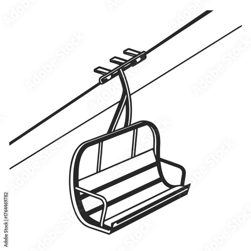 A minimalist black and white illustration of a single ski lift chair suspended from a cable against a white background
