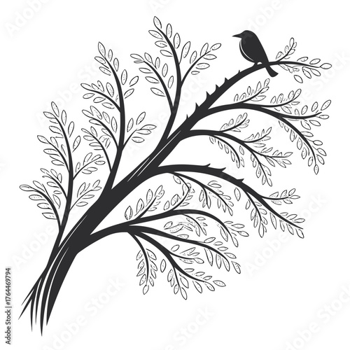 A solitary black bird perches on a thorny branch of a stylized tree with delicate leaves against a white background