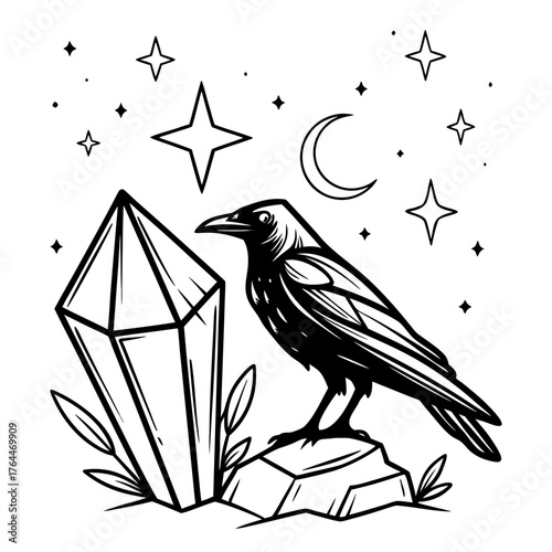 Mystical black crow perched on rocks beside a large crystal under a starry night sky with a crescent moon