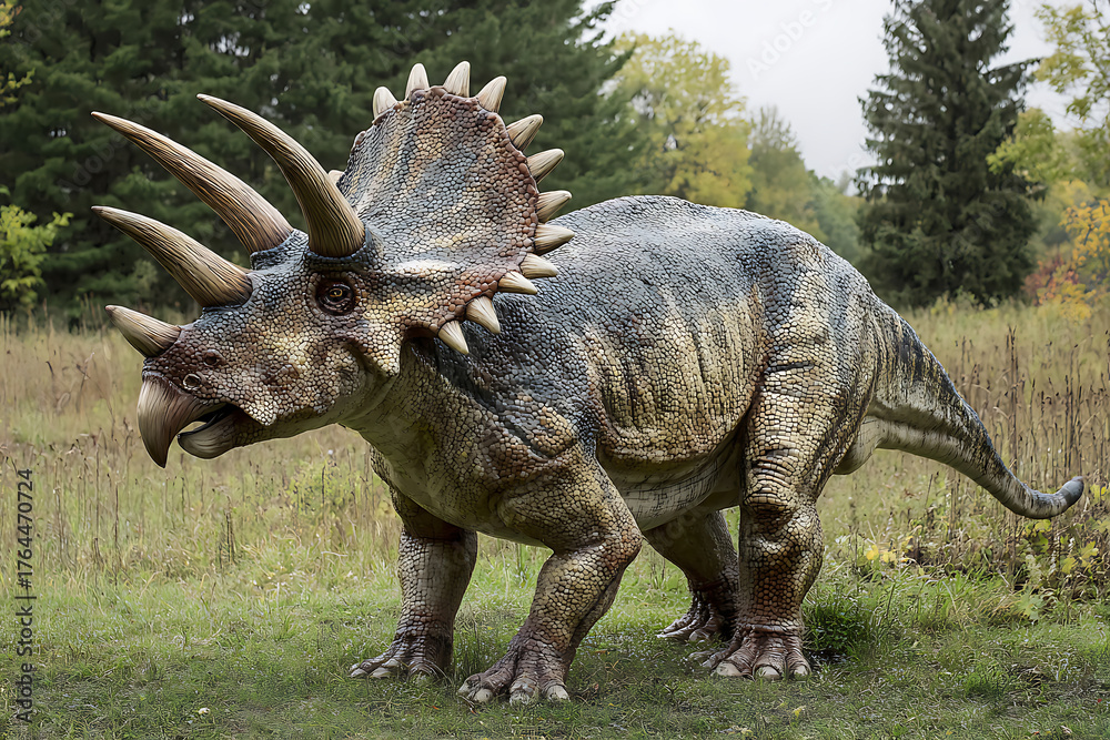 Fototapeta premium Cretaceous dinosaur styracosaurus sculpture with spiked frill and lifelike texture