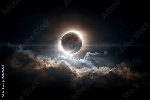 Dramatic total solar eclipse with glowing corona in dark sky
