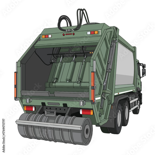 Rear view of a green garbage truck with its compactor mechanism visible.