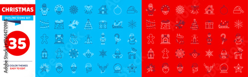Christmas holiday line icons, Xmas vector pictograms. Christmas tree, Santa Claus, gift box, snowman and reindeer, elf, jingle bell outline icons. Snowflake, candle and Christmas wreath symbols set