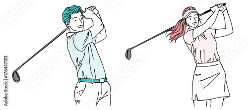 ゴルフのスイング（ティーショット）をする男女の線画イラスト,ゴルファー,ペア,スポーツ,趣味,ベクター