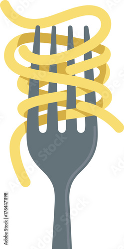 Fork wrapped with spaghetti noodles, Italian pasta vector illustration, delicious food concept, cooking design element, isolated kitchen artwork