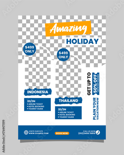 Holiday travel poster or flyer promoting trips for exploration and adventure