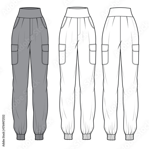 Female sweatpants vector design mockup template technical flat drawing.