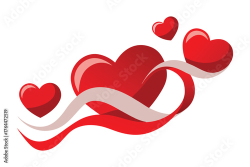 Happy Valentine’s Day 3D Glossy Red Hearts and Ribbons Render