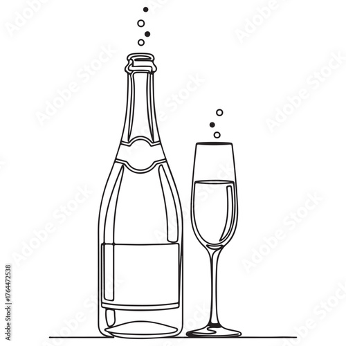 Continuous Line Art Champagne Bottle and Flute with Bubbles