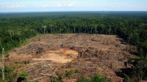 Fototapeta Naklejka Na Ścianę i Meble -  Aerial view of a large area of deforestation, showing a cleared section of rainforest surrounded by dense green jungle