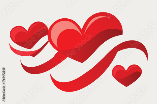 Happy Valentine’s Day 3D Glossy Hearts with Flowing Ribbons