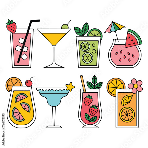 A colorful set of cocktail and drink illustrations with fruit, ice, and a lemon slice in glasses for a party at a bar