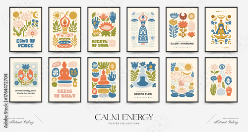 A modern set of vector posters inspired by meditation and calm energy. Abstract yoga poses, soft organic shapes, and serene design — perfect for wall art and mindful interiors.