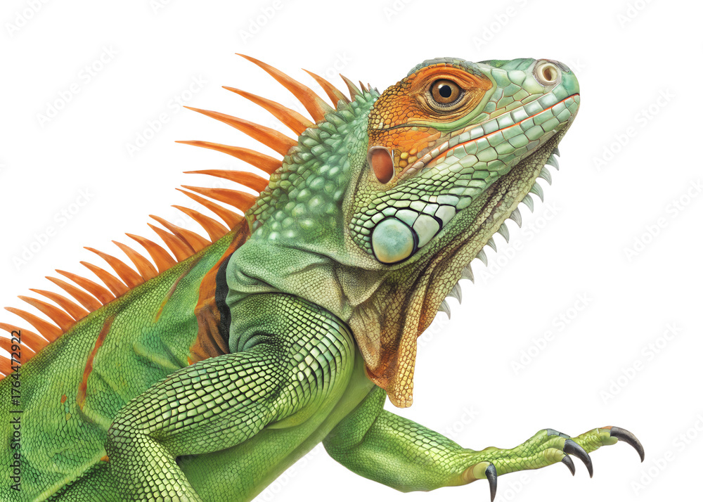 Obraz premium Vibrant Green Iguana with Orange Spines Wildlife Portrait