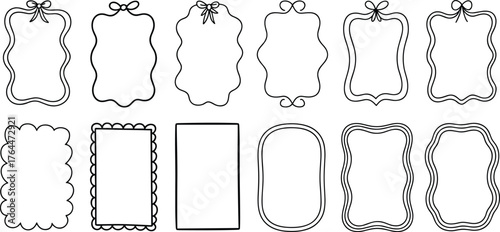 Hand drawn decorative frames set, black outline vector illustration, wavy and rectangular borders, elegant design elements for scrapbook and invitations.