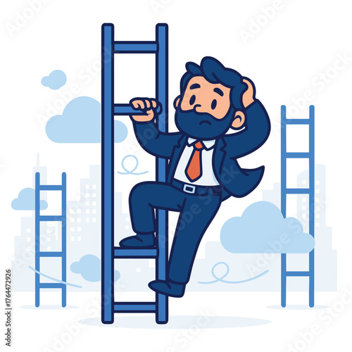 A confused cartoon businessman in a suit scratching his head while climbing a ladder, symbolizing career challenges and uncertainty.