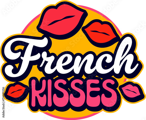 France french kisses retro Y2K sticker or tag. Europe country tourism Y2K vector sticker, France travel souvenir patch. European nation culture label with woman lips kisses and handwritten typography