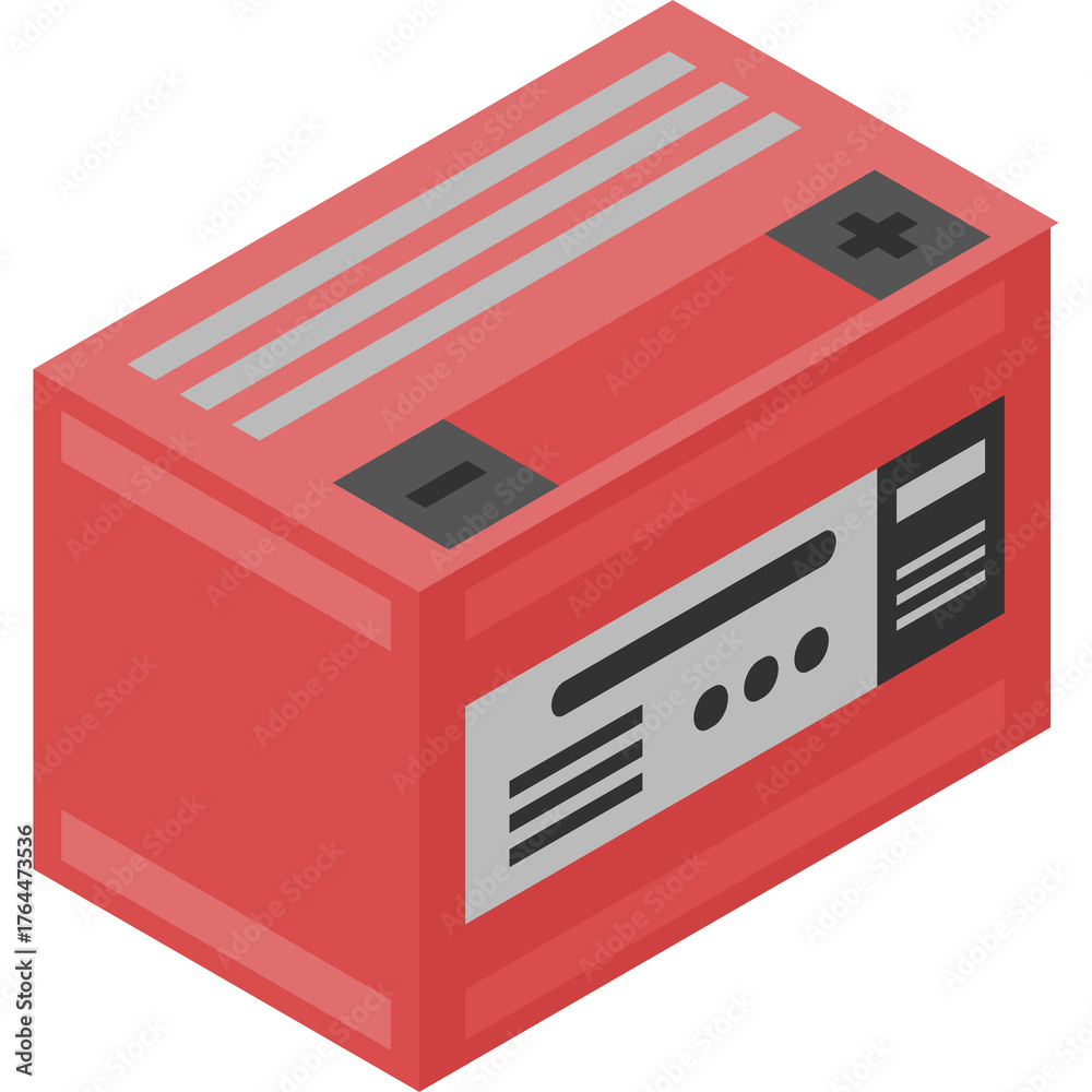 Fototapeta premium Red Isometric Battery Icon With Gray Lines And Black Terminals On A Transparent Background Detailed Vector Illustration