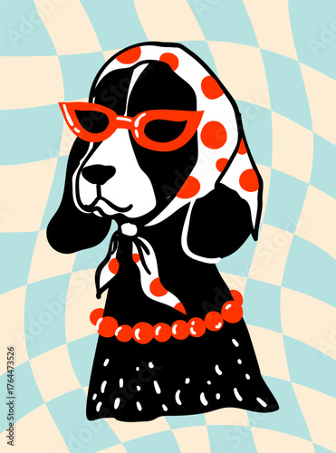 A hilarious and stylish vector illustration featuring fashion-forward dog in retro attire. These quirky, hand-drawn doodle characters perfect for trendy branding