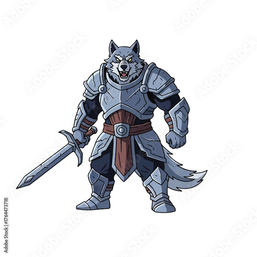 Powerful anthropomorphic wolf warrior in full plate armor holding a sword.