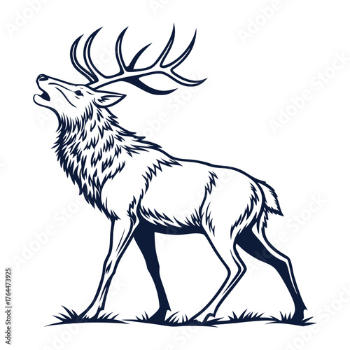 a digital illustration of a majestic deer with large antlers, elegant silhouette, high contrast black and white, intricate, detailed engraving style, linocut print effect, minimalist design
