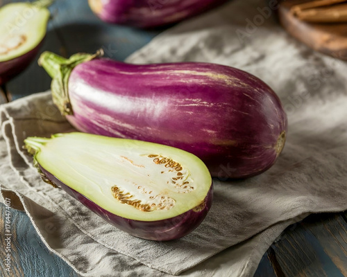 Fresh Purple Eggplant and Sliced Brinjal on Fabric