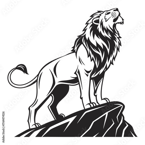 lion standing on rock, black and white, digital art, abstract art, minimalist, vector illustration, high contrast, bold lines