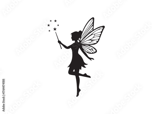 Fairy Silhouette with Magic Wand.Magical Stars Vector Art