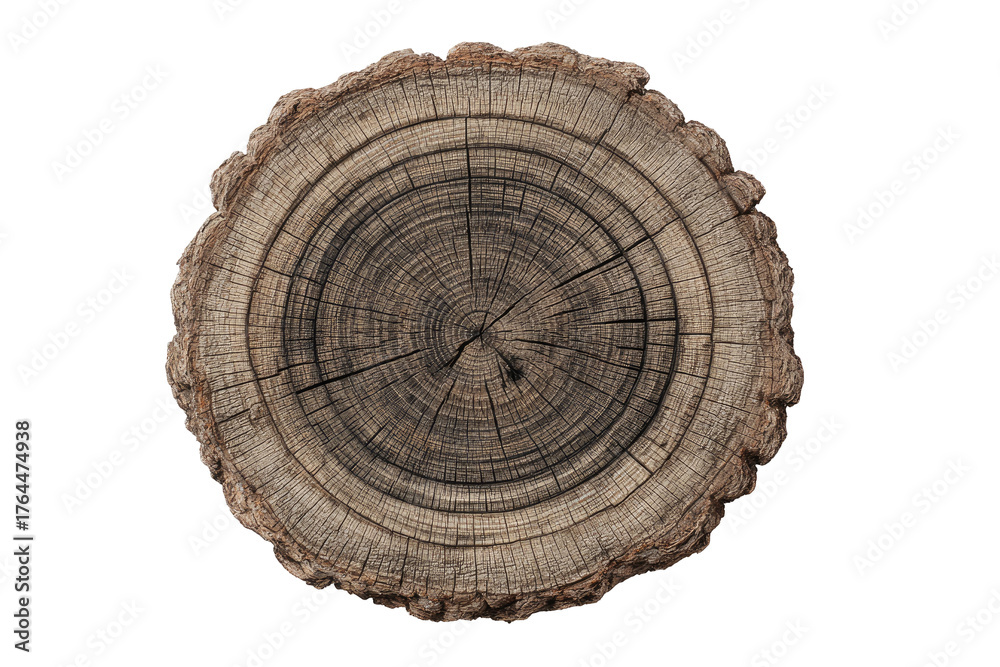 Fototapeta premium Cross-section of a weathered tree trunk, revealing concentric growth rings and a dark, cracked center