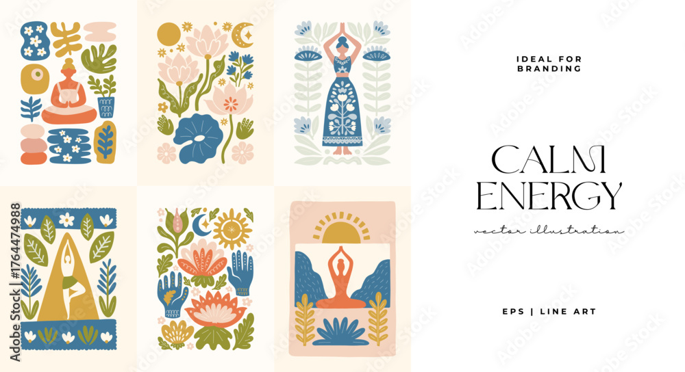 Naklejka premium Minimal vector illustration inspired by meditation and calm energy. Features yoga poses, abstract shapes, and natural harmony — perfect for mindful design and modern wall art.