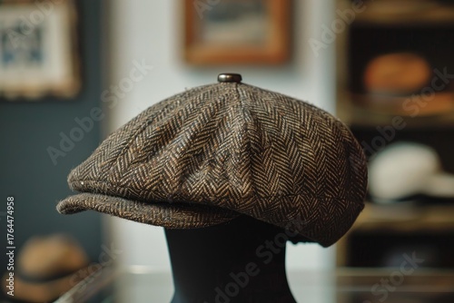 Classic eight panel herringbone newsboy cap resting on mannequin head, showcasing vintage menswear in a traditional hat shop