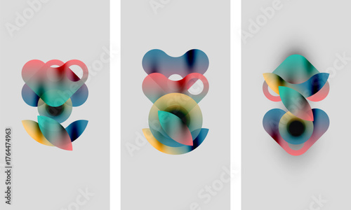 Abstract colorful shapes overlap, creating fluid forms. Three panels display similar compositions, differing slightly in hue. Minimalist design, soft gradients.