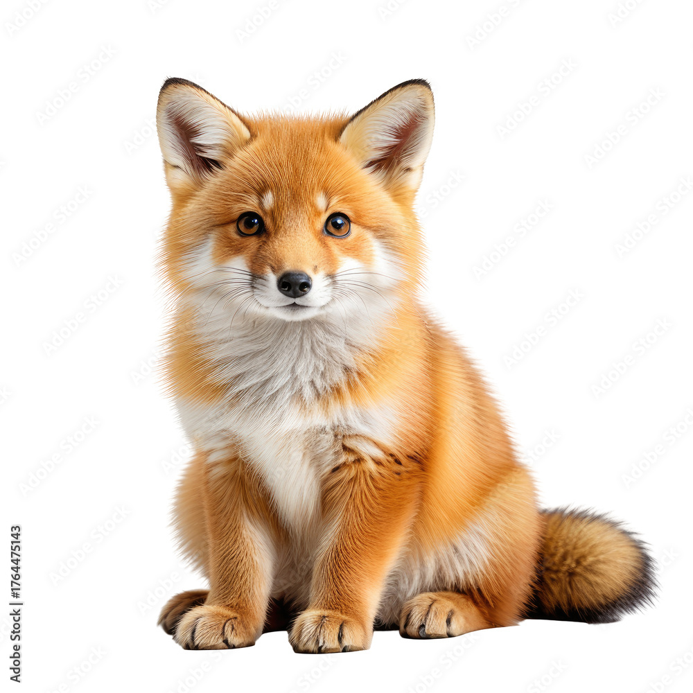 Obraz premium Adorable fox cub with reddish-orange fur, sitting and looking forward