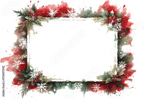  A festive frame featuring pine needles, red berries, and soft watercolor splashes surrounding a blank central panel. Perfect for holiday greetings, invitations, or seasonal promotions