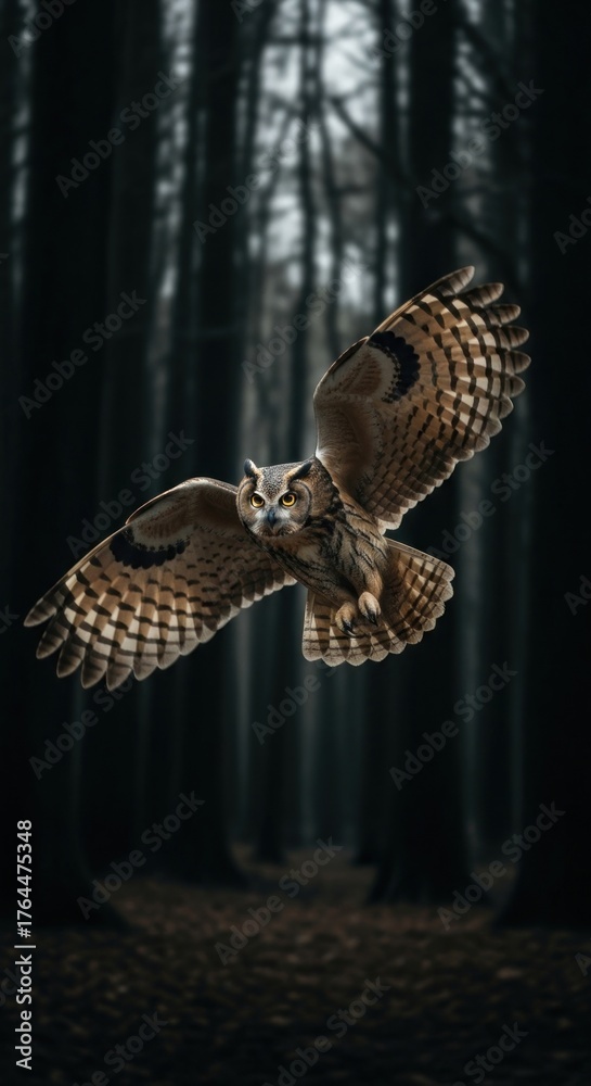 Obraz premium Majestic Owl Soaring Through Dark Forest, Wings Spread Wide.