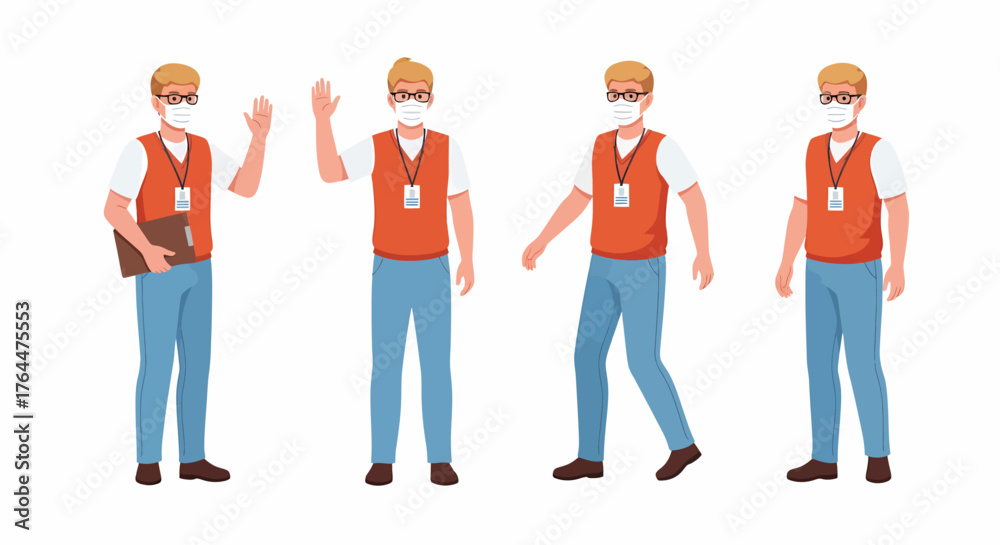 Obraz premium A collection of four cartoon illustrations of a man wearing a mask and an orange vest, in different poses.