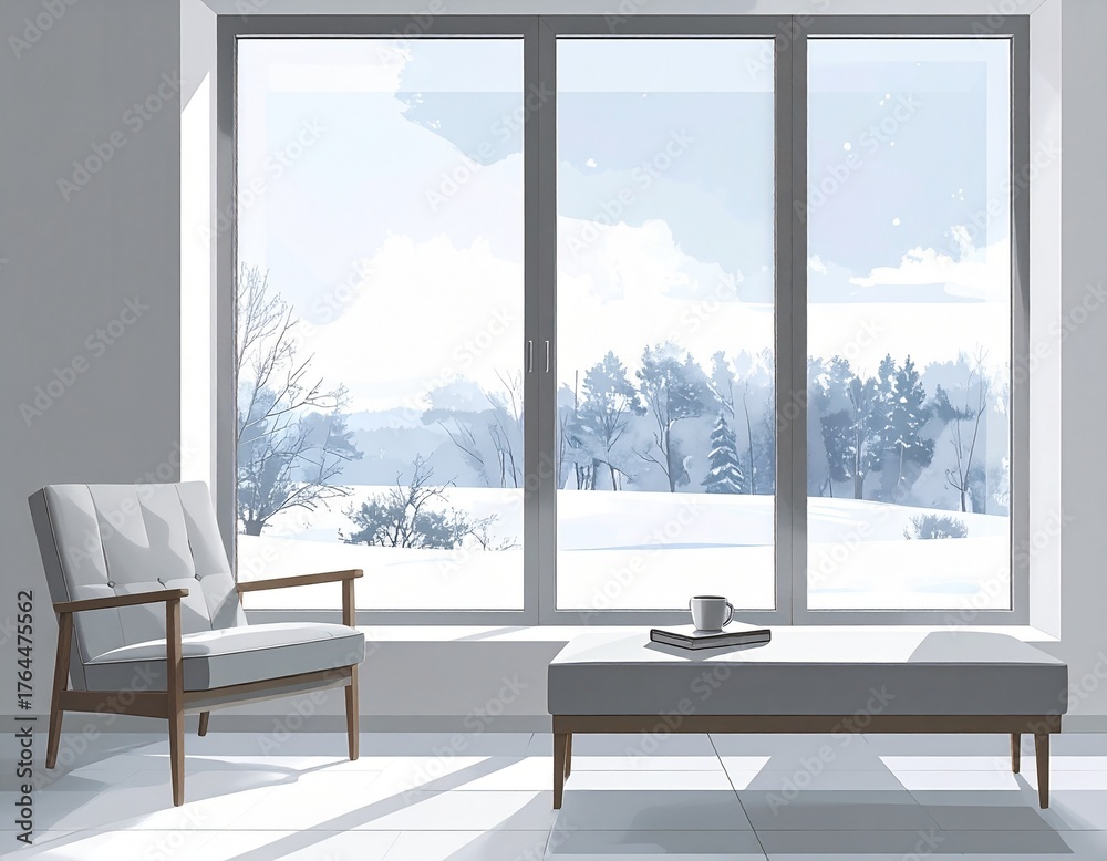 Fototapeta premium Minimalist Modern Winter Window Scene with Watercolor Snowy Landscape View, Clean Interior Design Evoking Serenity and Quiet Reading Time