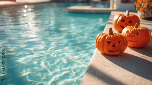 Three small orange jack-o-lantern pumpkins on the edge of a swimming pool. Halloween holiday concept with a summer vibe.