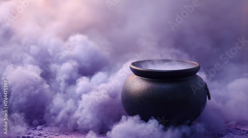 Black cauldron with purple mystic smoke. Witch pot with bubbling steam. Halloween spooky magic potion for holiday and party.