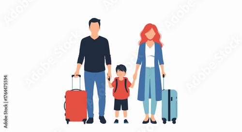 A family of three, a man, a woman, and a child, standing with their suitcases, ready for travel.