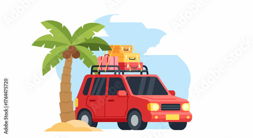 A red car with luggage on the roof parked by a palm tree, illustrating a summer vacation road trip.