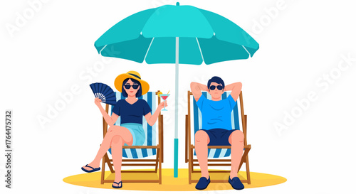 A couple relaxing on beach chairs under a large umbrella, enjoying a sunny day at the beach.