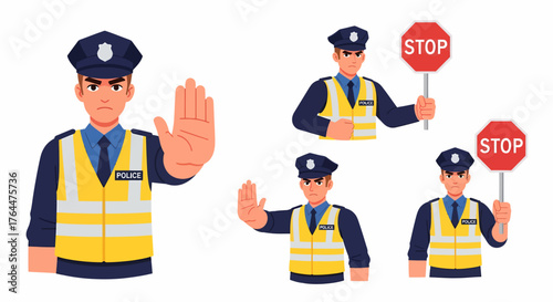 Collection of police officers in uniform, some holding stop signs, others signaling to halt traffic.