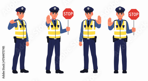Four illustrations of a police officer directing traffic.