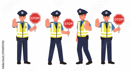 A collection of four vector illustrations of a male police officer in uniform signaling to stop with a hand gesture and a stop sign.