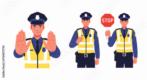 Three illustrations of police officers in uniform, demonstrating different hand signals and holding a stop sign.